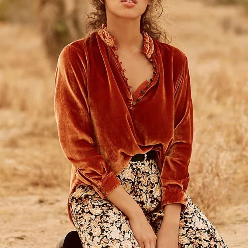 Anthropologie Rust Velvet V-Neck Blouse
